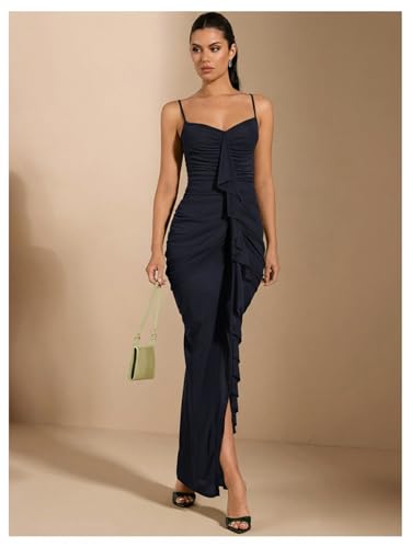 Image of Floerns Women's Ruffle Ruched Cami Dress Draped Split Elegant Bodycon Maxi Dresses