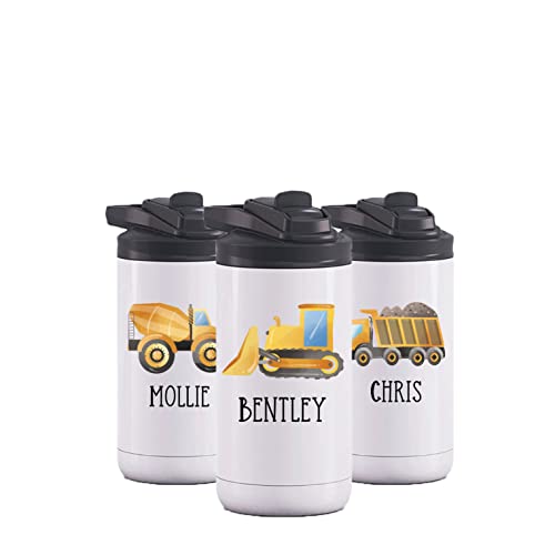 AVITO Personalized Kids Construction Gift - Stainless Steel - 12 oz Bottle with Closing Straw Lid - Kids Water Bottle - Childrens Construction Cup - Gift for Toddler - Construction