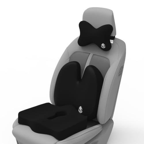 Image of MRRON Memory Foam Posture Corrector Car Seat Cushions Combo | Orthopedic Backrest, Coccyx Cushion & Neckrest | Ergonomic Lumbar Comfort Seat Cushion | Reduces Sciatica, Back Pain. (Black, Backpro)