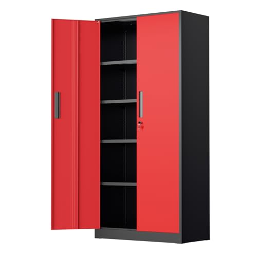 SUNCROWN 72" Metal Storage Cabinet - Heavy-Duty Metal Garage Cabinet with 4 Adjustable Shelves & 2 Doors for Tools, Office, Home, Workshop,Black & Red-Small