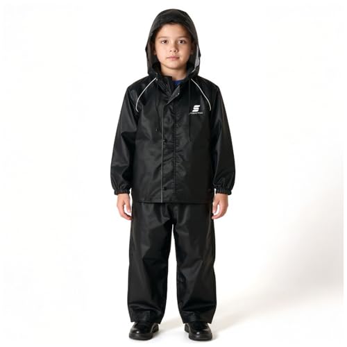 Image of Amazon Brand - Symactive Reversible Double Layered Standard Length Hooded Raincoat with Pants for Kids (Unisex) | Waterproof | Elastic Cuffs | Age 11-13 Years | Black
