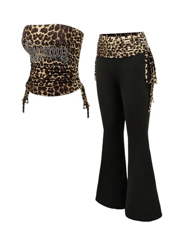 Image of RoseSeek Women's 2 Piece Outfits Rhinestone Leopard Tube Tops & Side Drawstring Bell Bottoms Y2k Outfit