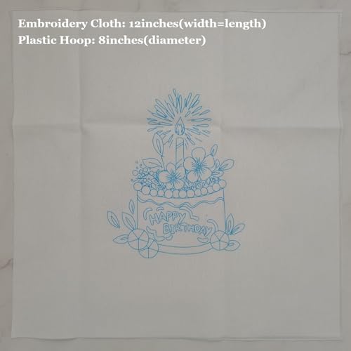 Image of Esffaci Embroidery Starter Kit for Adult Beginner with Birthday Cake Flowers Pattern Hand Embroidery Set with Cloth Hoop Needle Threader Floss and Instruction