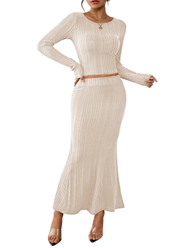 2 Piece Sets for Women Fall Outfits Crop Tops Ruched Long Maxi Skirt Vacation Clothes Apricot