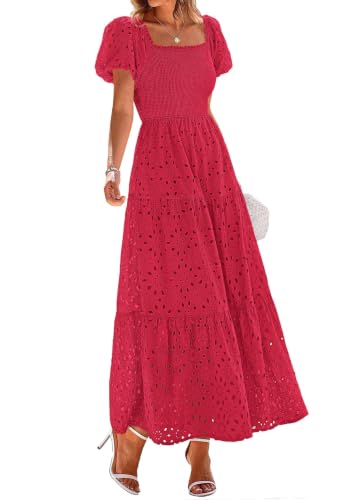 PRETTYGARDEN Womens Summer Eyelet Maxi Wedding Guest Dress,Red,L