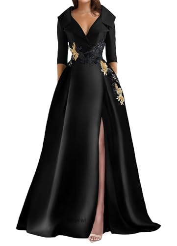 Long Sleeve Prom Dress with Slit Satin Embroidered Mother of The Bride Dresses V Neck Formal Evening Gowns