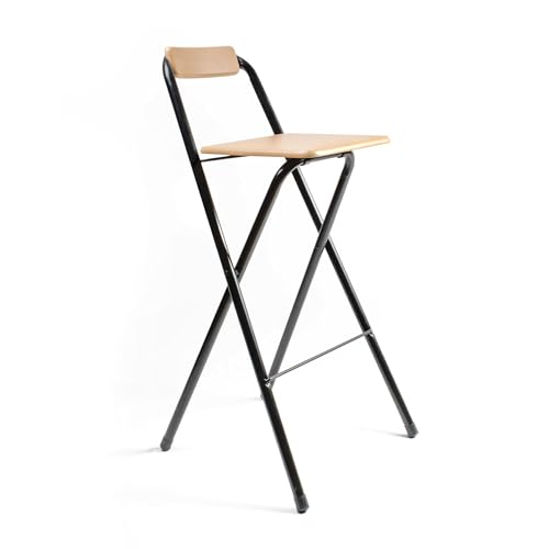 THE SECRET HOME - Pack de 1,2 y 4 Taburetes Altos con Respaldo- Asiento Plegable de Metal y Madera - Ideal para Cocina (1, Madera Natural/Negro, 49x97x47cm)