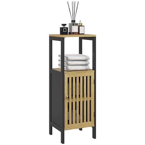 HOMCOM Meuble Bas de Salle de Bain en Bambou avec Placard 1 Porte Niche Ouverte 32 x 30 x 90,5 cm, Noir et Bois