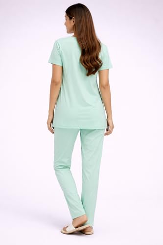 Image of KIAWAH Women's Cotton Night Suit, Long Top and Pajama Set, Round Neck, Short Sleeve,