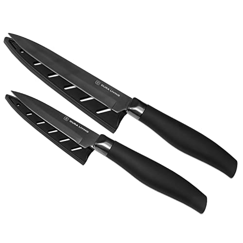 DURA LIVING 2-Piece Kitchen Knife Set - Black Nonstick Titanium Plated Stainless Steel Ultra Sharp 5 Inch Utility, 3.5 Inch Paring Multipurpose Cooking Knives With Matching Sheaths