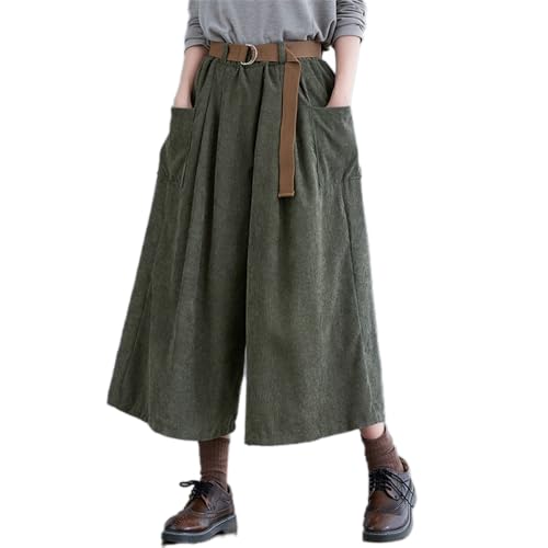 [ＳＨＵＭＩＮＧ]コーデュロイ ワイドパンツ サルエルパンツ ロング レディース ガウチョ キュロット ゆったり 袴 ポケット付き スカンツ ビッグシルエット おしゃれ 体型カバー 秋冬 通勤 通学 (2XLグリーン)