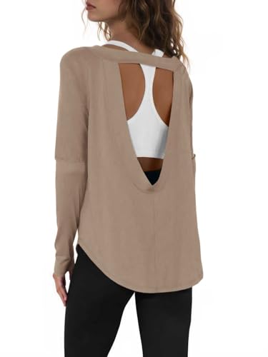 Tankaneo Womens Open Back Workout Shirts Casual Long Sleeve Boat Neck Tops Athletic Gym Yoga Tees with Thumb Holes