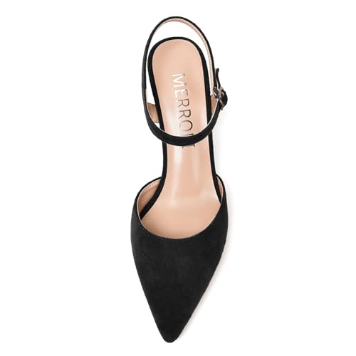 MERRORI Womens Ankle Strap Dress Dating Suede Buckle Pointed Toe Kitten Low Heel Pumps Shoes 2 Inch3