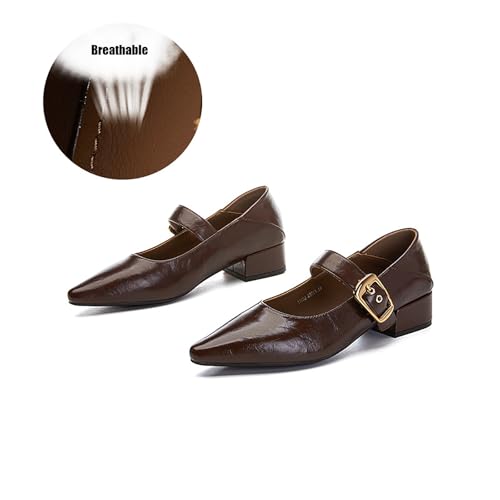 Women's Genuine Leather Pointed Toe Chunky Heel Mary Jane Shoes Fashion Comfort Slip On Adjustable Buckle Low Heels Pumps Casual Office Work Dress Shoes Mary Janes3