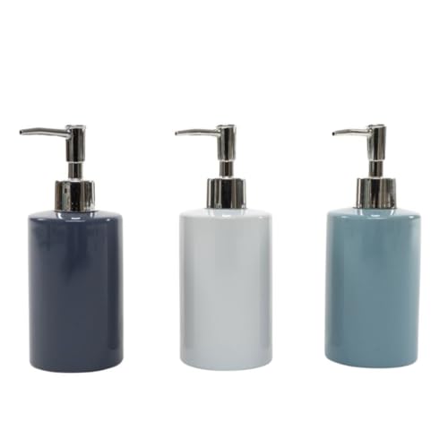 ROCKING GIFTS Set de x3 Dispensador de Jabón de Cerámica Brillante, 3 Colores Azul Blanco Incluídos, Accesorio de Baño o Cocina, 17 cm