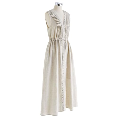 Image of CHICWISH Women V Neck Sleeveless Midi Long Dress Casual Button Beach Summer Vacation Linen Midi Dress with Side Pockets