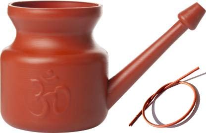 YOGSADHAK Jal Neti Pot Plastic Om Printed Red 450ML & Rubeer neti(both 1pcs)