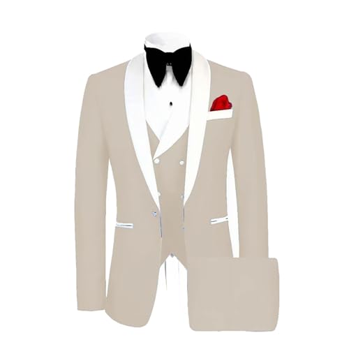 Men Classic Tuxedo 3 Pieces Blazers Vest Pants Fitted Jacket One Button Shawl Lapel Wedding Prom Set Beige
