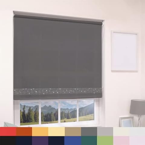 Caecus Diamante Glitter Straight Edge Dimout Roller Blind - Easy Fit Home Office - 180cm Width x 160cm Drop - Dark Grey Cover