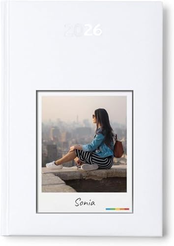 PROMO-SHOP - Agenda 2026 Personalizada con tu Foto y Nombre, Color Blanco Perla, con Divertido Diseño de Foto instantánea, 5 idiomas, Tapa dura Acolchada, Página por día de Lunes a Viernes