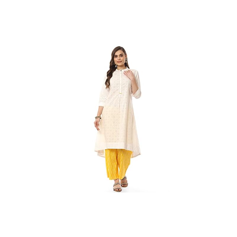 BIBA Women's White and Yellow Cotton A - Line Kurta Cropped Palazzo Suit Set
