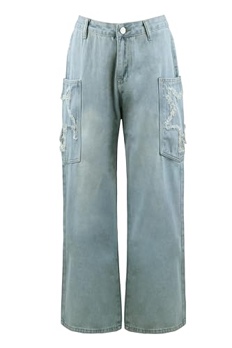 Womens Baggy Y2k Jeans Star Patch Denim Pants Big Pocket Cargo Jeans Vintage High Waist Jeans2