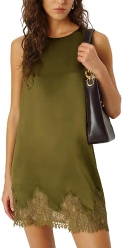 Women Satin Lace Mini Dress Sleeveless Silk Slip Dresses Silky Lo...