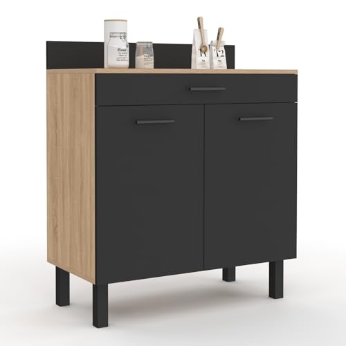 IDMarket - Buffet Bas de Cuisine 80 cm CINA Plan de Travail H.83 cm 2 Portes + tiroir façon hêtre et Noir