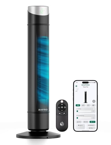Image of ZAFRO Smart Tower Fan for Bedroom,120 Oscillating Fans that Blow Cold Air | 28ft /s High-Speed 12 Speeds 4 Modes Upgraded DC 22dB Ultra Quiet,Standing Fan with 12H Timer,36Inch,Dark Black
