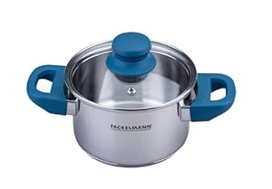 FACKELMANN Kochtopf Essential Ø 14 cm aus Edelstahl, dunkelblaue Bakelit-Griffe, energiesparender Kapselboden, inklusive Glasdeckel, Blau