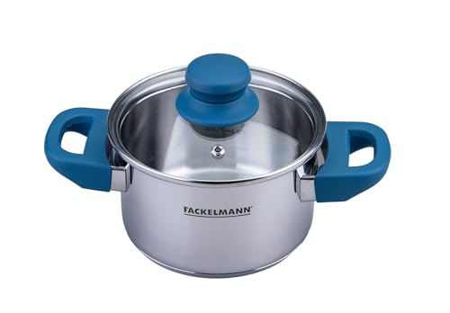 FACKELMANN Olla Essential de 14 cm de diámetro de acero inoxidable, asas de baquelita azul oscuro, fondo encapsulado de ahorro de energía, incluye tapa de cristal, color azul