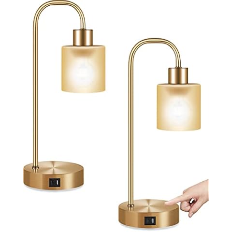 Bedside Lamps Set of 2, 3 Way Dimmable Touch Lamp,Edison Industrial Stye,Table Lamps for Bedroom,Gold Desk Lamp with 1 USB Charging Ports,1 Type C Port for Reading Living Room Office,LED Bulb Included Cover