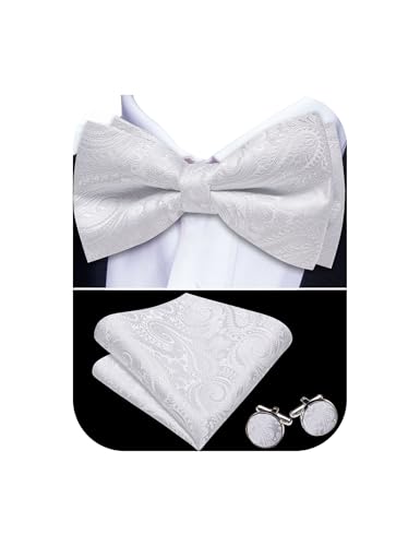YOHOWA White Bow Tie for Men Paisley Silk Pre-Tied Bowtie Handkerchief Cufflinks Set Formal Tuxedo Wedding Party Prom
