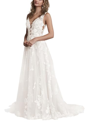 JAEDEN Brautkleid Hochzeitskleider Standesamt Damen Lang Glitzer V-Ausschnitt Spitzen Trauung Kleid Ärmellos Elfenbein 38