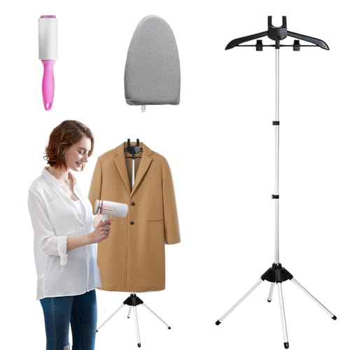 Rppiup Steamer Stand, Folding Telescopic clothes steamer stand With Ironing Gloves & Hair roller, Handheld Garment Steamer Rack, Height Adjustable Clothes Hanger for Home Steam Ironing Shirts (Black)