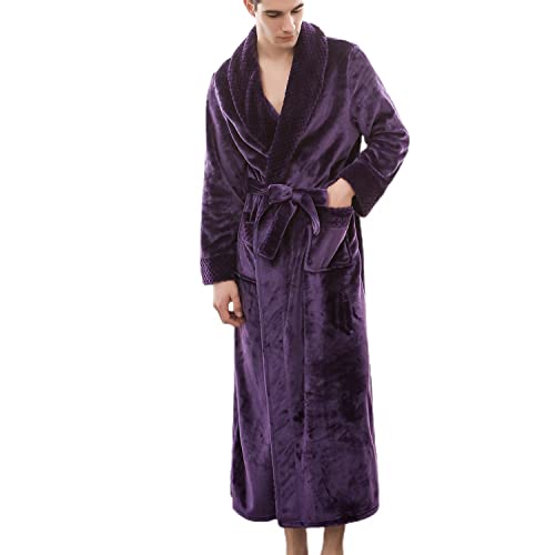 Lu's Chic Men's Fleece Robe Warm Thick Bathrobe Long Sleeve Flannel Fuzzy Plush Full-Length Winter