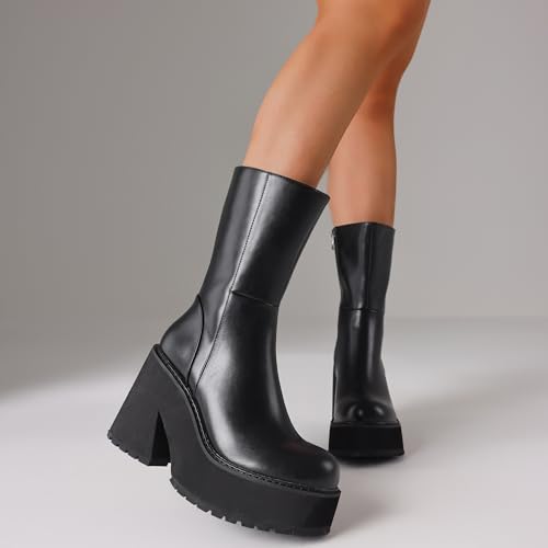 aminugal womens wedge heel ankle boots platform zipper punk motorcycle booties chunky block high heel round toe fashion work combat boots mid calf for women