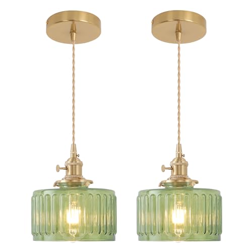 Image of Shenmoyl Pendant Light 2 Pack with Green Striped Glass Lmapshade, Brass Vintage Pendant Light Adjustable Hanging Light for Kitchen Island Dining Room Hallway