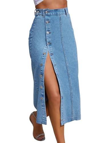 Trendy High Waisted Denim Skirt for Women Button Front Slit Midi Skirt for Ladies Fashion 2025 Summer