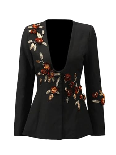 Womens Deep U Neck Sequins Floral Blazer Long Sleeve Buttons Party Suit Jacket Outerwear