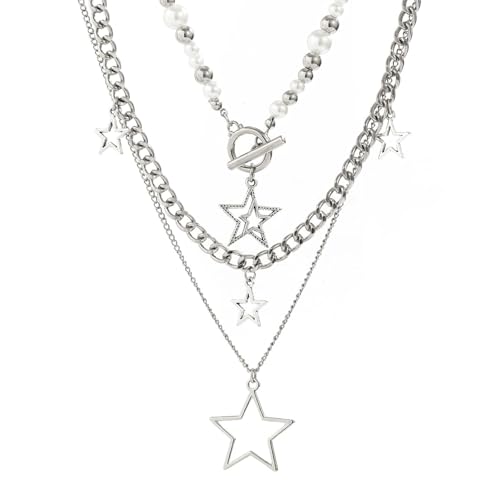 BelleVive Juego de 3 collares de plata de estrella Y2k, collar grunge multi collar de...