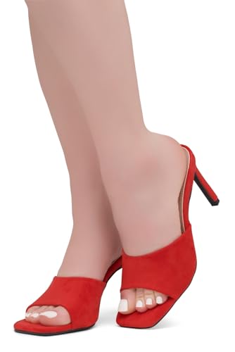 Image of Shoe Land Melrose Women's High Heels Stiletto Heeled Slides, Square Open Toe One Band Slip-On Heeled Mules - Dressy Clear Heeled Sandals for Prom Party Wedding and Vacation