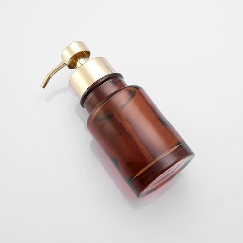 Image of H Halston Amber Glass Foaming Soap Pump Dispenser, Foaming Soap or Liquid handoap compatable, Durable, Refillable, Bathroom and Kitchen Countertop, Bathroom, Home Decor, Amber Glass with Gold Pump top