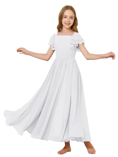 MCieloLuna Square Neck Junior Girls Bridesmaids Dresses Flowing Ruffle Sleeve Boho Flower Girl Formal Party Maxi Gown