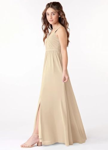 Sleeveless Toddler Flower Girls Dress Satin Jr Bridesmaid Dresses Girls Long Champagne Dress V Neck Spaghetti Strap Junior Dresses for Teen Kids Formal Gowns Size 10-122