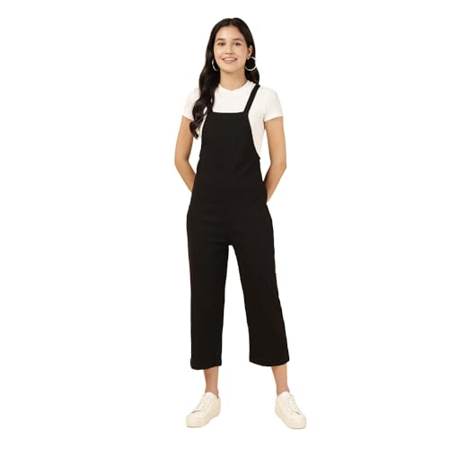 Image of DEEBACO Women's Solid Rayon Slub Lycra Calf Length Dungaree Jumpsuits For Women Stylish|Square Neck|Sleeveless|One Piece Western Dress For Woman|Ladies Dress|Party Casual Wear(Black)