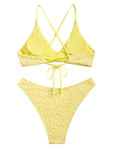 Image of ZAFUL Women's Tie Back Padded High Cut Bralette Bikini Set Two Piece Swimsuit