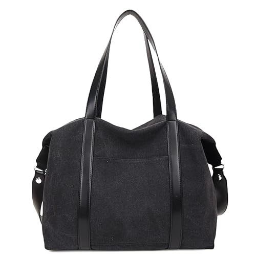 JANSBEN Canvas Handtasche Damen Groß Umhängetasche Schultertasche Hobo Bag Shopper Tasche Arbeitstasche für Freizeit Büro Reisen Einkaufen Schule Schwarz