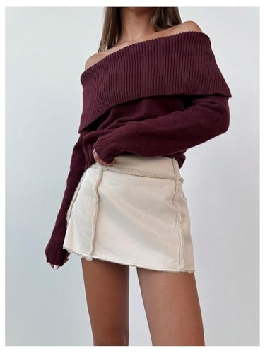Image of Verdusa Women's Fall Sweaters Off The Shoulder Long Sleeve Sweater Pullover Sweaters Early Fall Clothes Burgundy Large