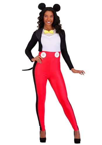 Womens Classic Mickey Costume | One Piece Fitted Jumpsuit with Mouse Ear Headband Bowtie and Tail Small